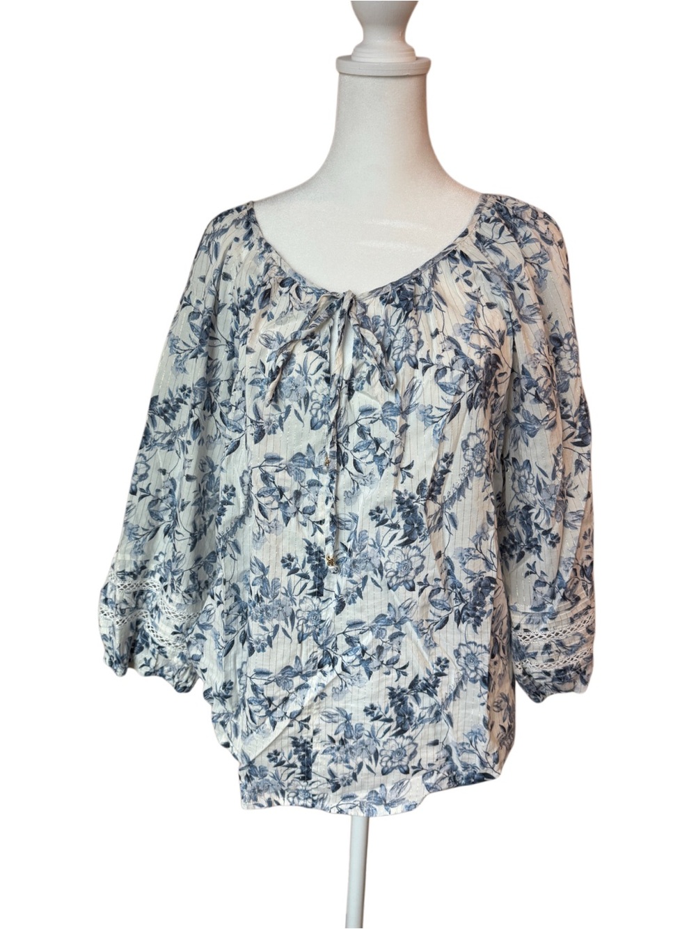 AB Studio Cream Top with Blue Floral Print